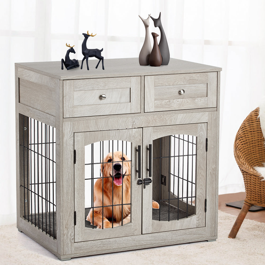 Dailypets Wooden Dog Crate End Table with 3 Doors, Storage Drawers & Cushion