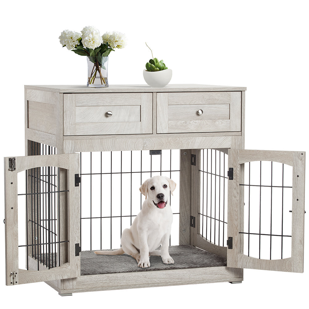 Dailypets Dog Crate End Table with Cushion, 3 Doors and 2 Drawers