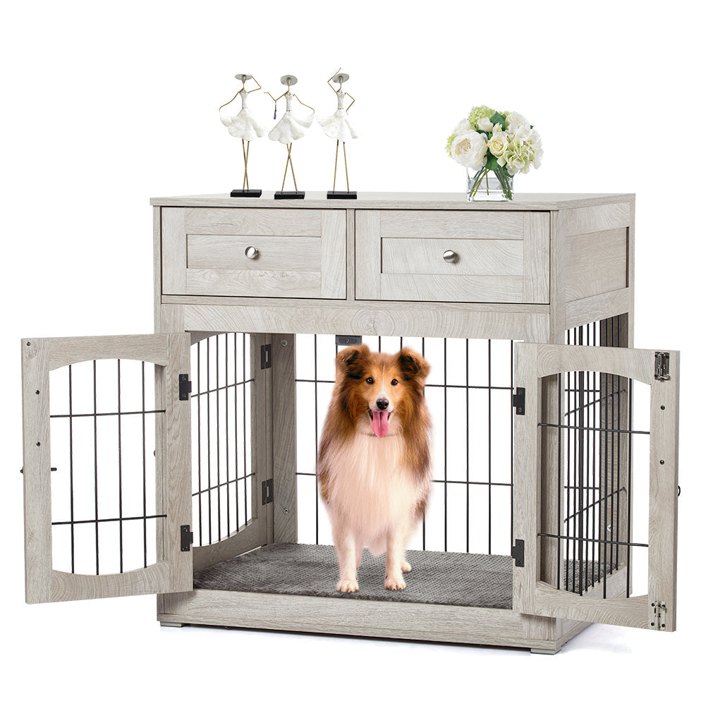 Dailypets Wooden Dog Crate End Table with 3 Doors, Storage Drawers & Cushion