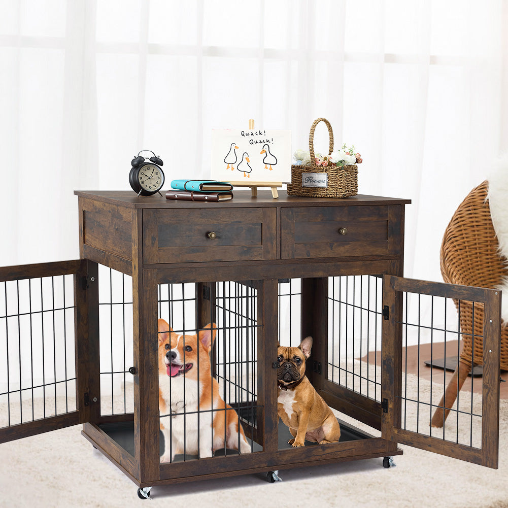 Dailypets Dual Room Wooden Dog Retreat with Storage Drawers