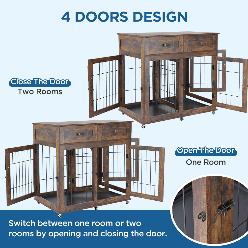 Dailypets Dual Room Wooden Dog Retreat with Storage Drawers