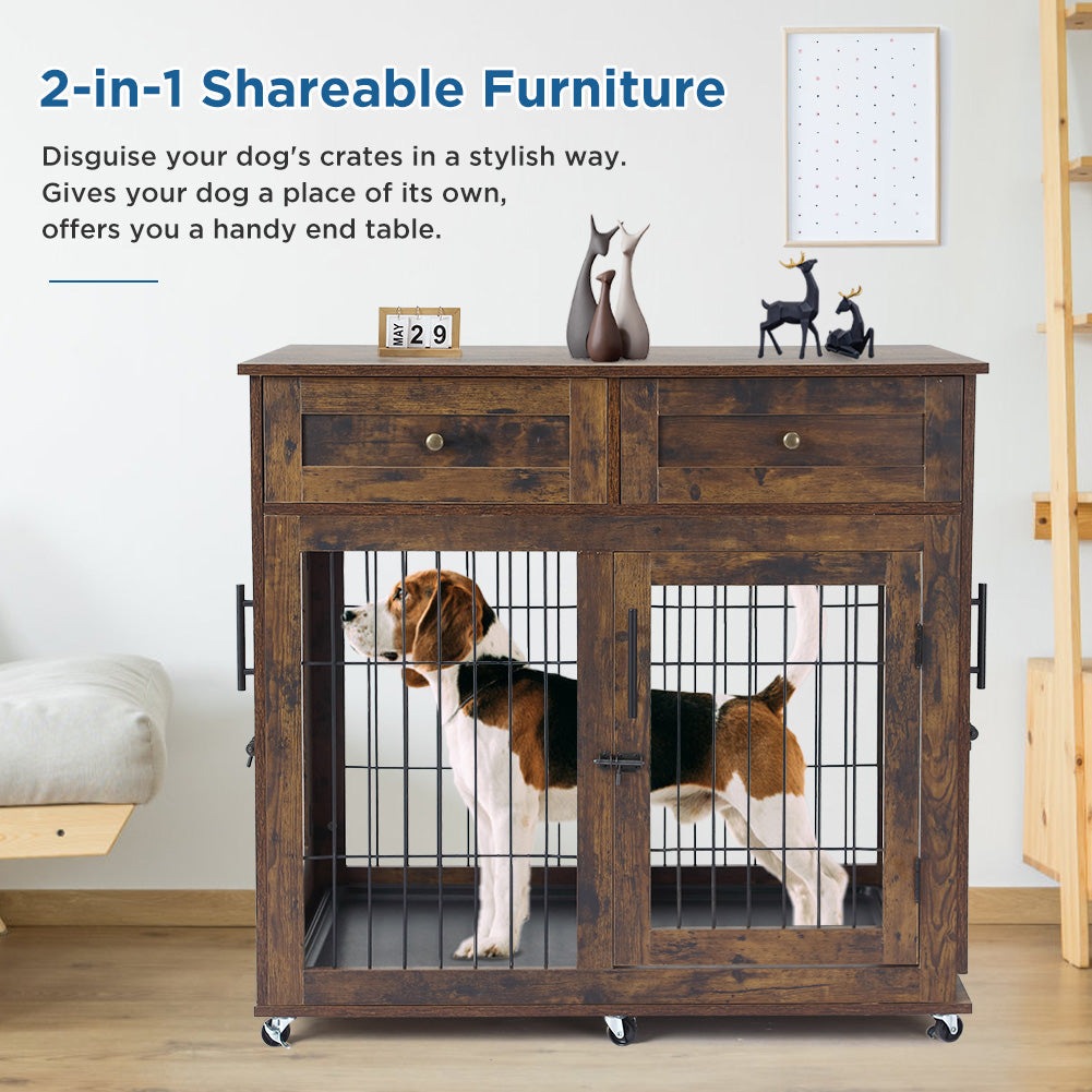 Dailypets Dual Room Wooden Dog Retreat with Storage Drawers