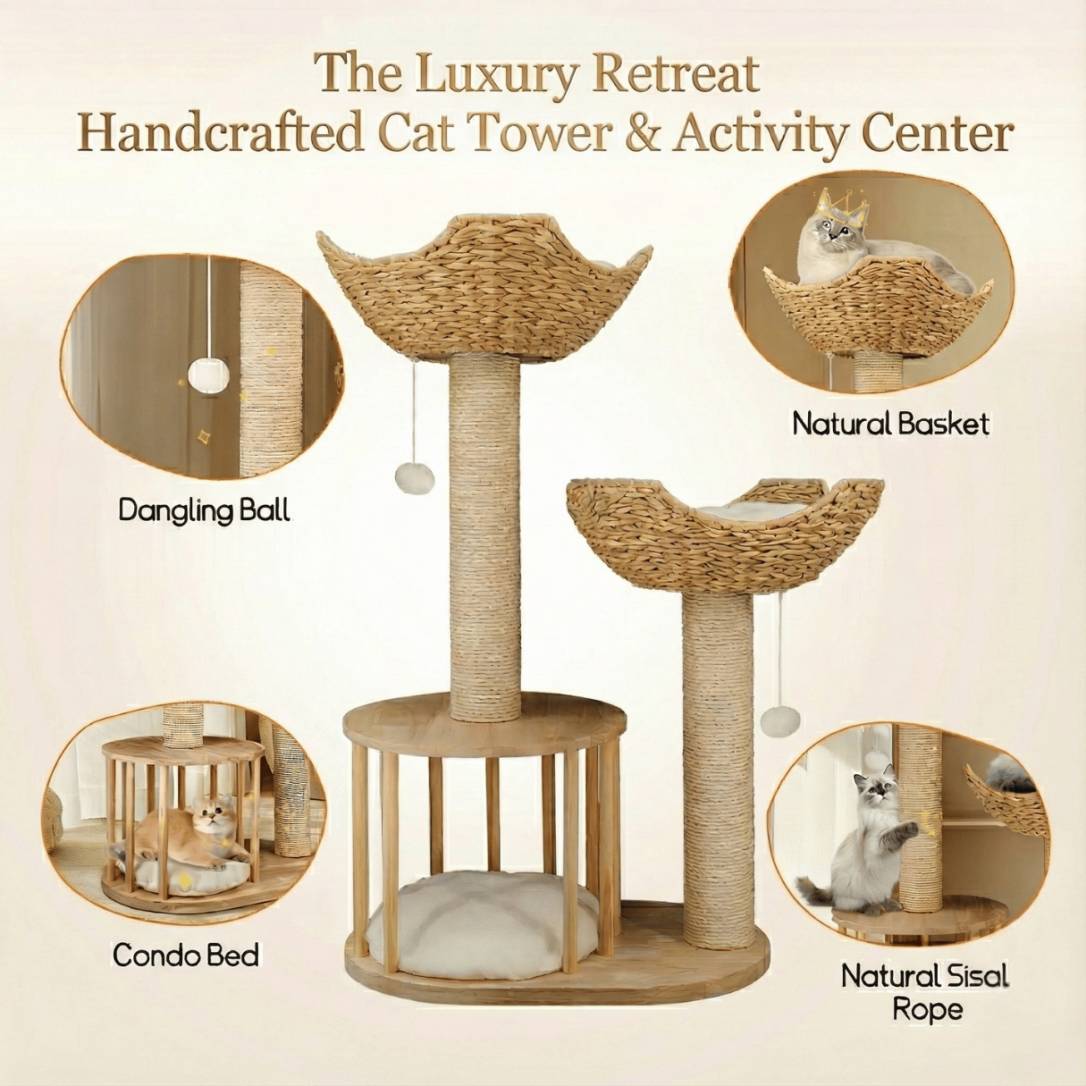Dailypets Luxury Boho Cat Tree – Twin Woven Basket Cat Tower with Sisal Scratching Posts