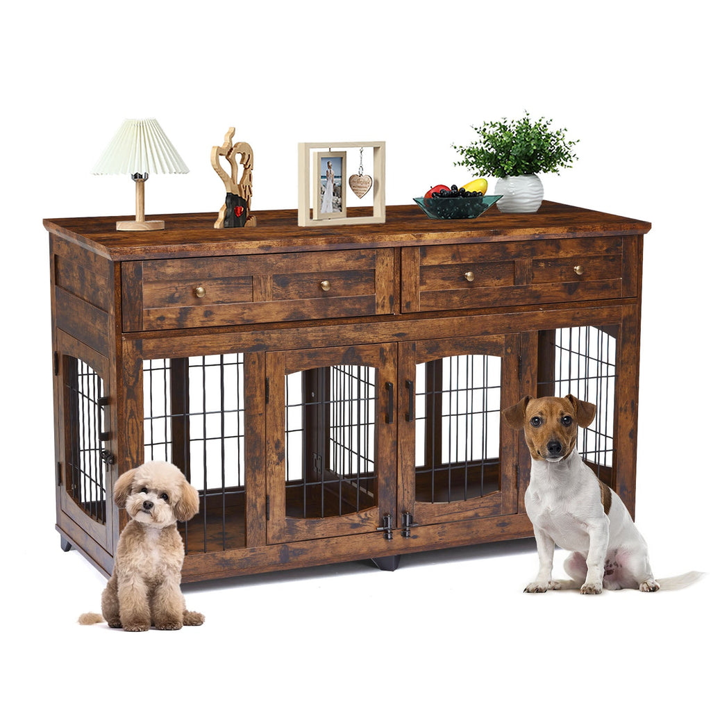 Dailypets 58-Inch Double Dog Crate Furniture with 5 Doors and Storage Drawers