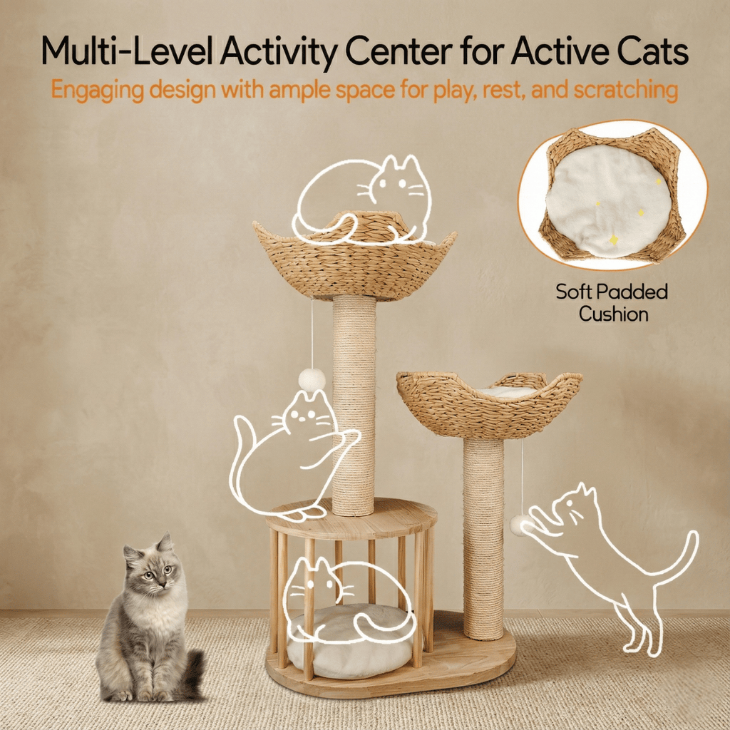 Dailypets Luxury Boho Cat Tree – Twin Woven Basket Cat Tower with Sisal Scratching Posts