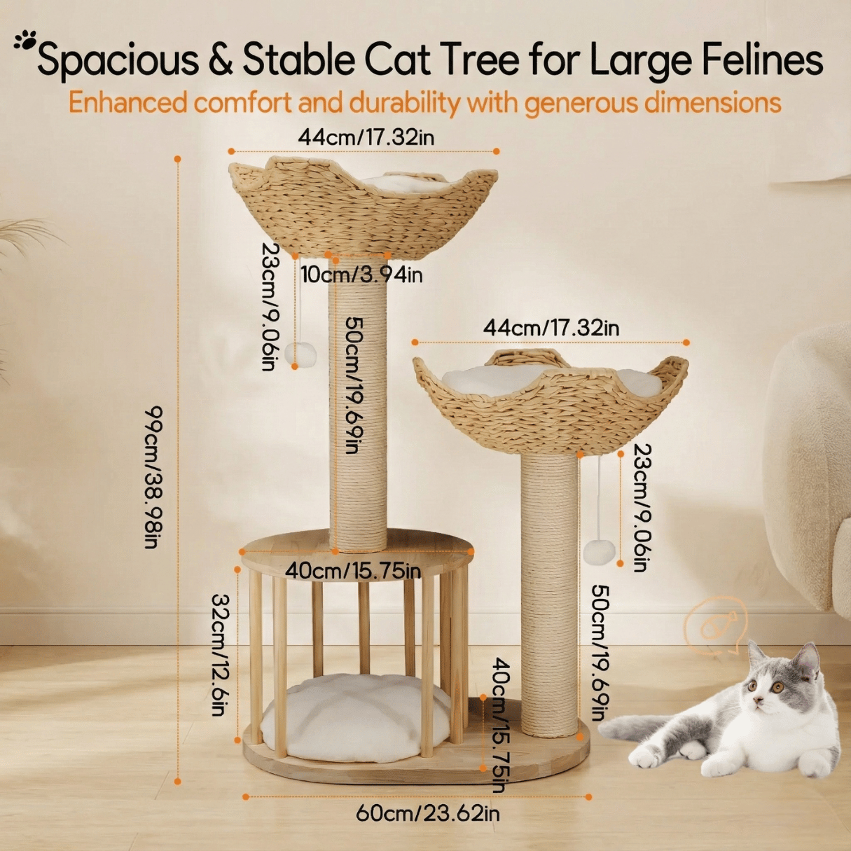 Dailypets Luxury Boho Cat Tree – Twin Woven Basket Cat Tower with Sisal Scratching Posts