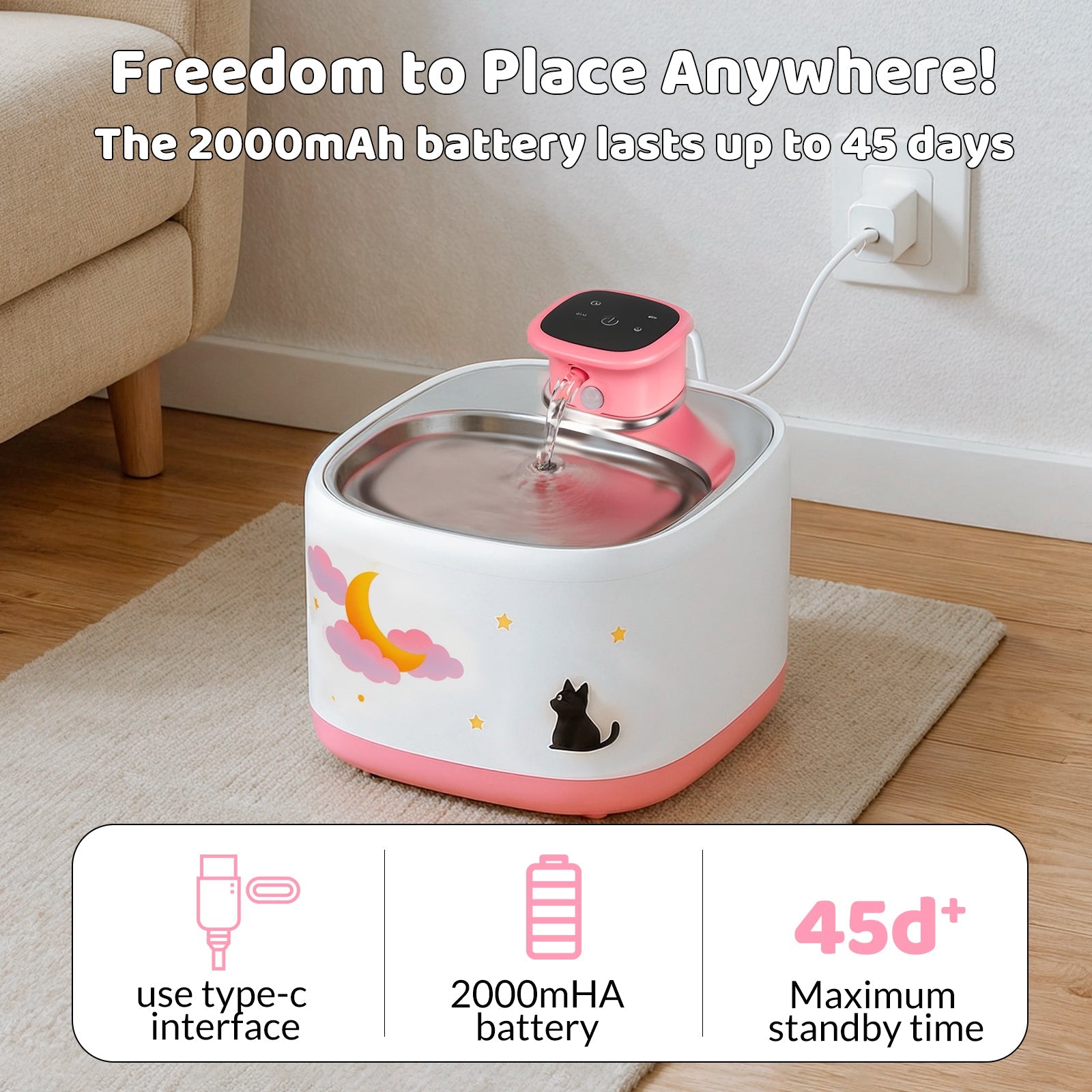Dailypets Wireless Pet Water Fountain with Motion Sensor and Stainless Steel Tray