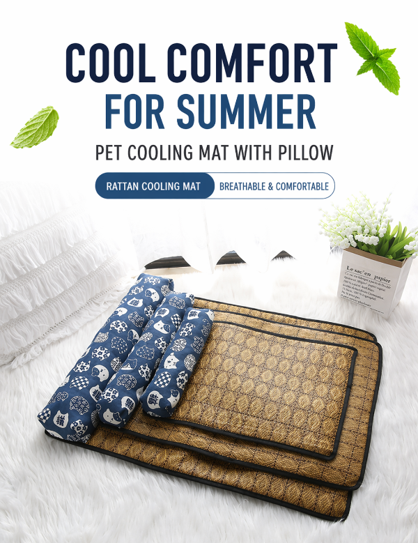 Dailypets Summer Cooling Rattan Pet Mat with Bolster Pillow for Cats