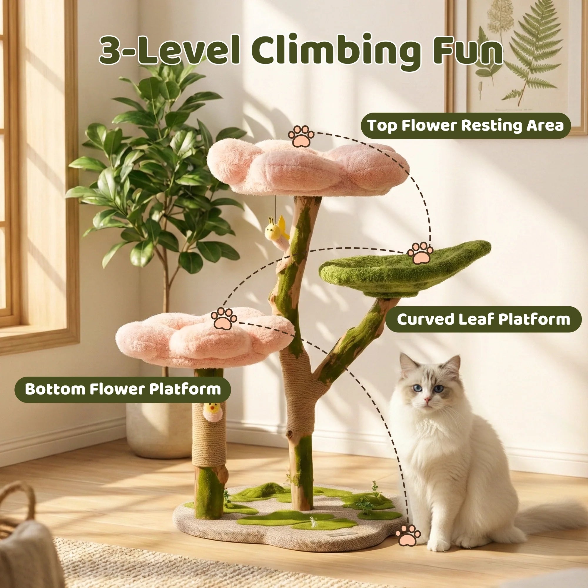 Dailypets Blossom Cat Tree with Solid Wood Posts and Sisal Scratcher