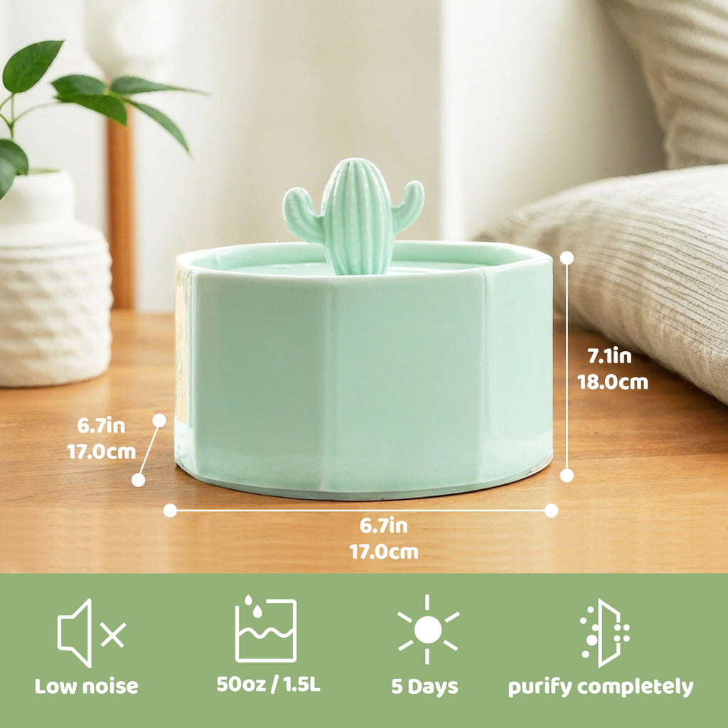 Dailypets Ceramic Cactus Cat Water Fountain 50oz with Automatic Filtration