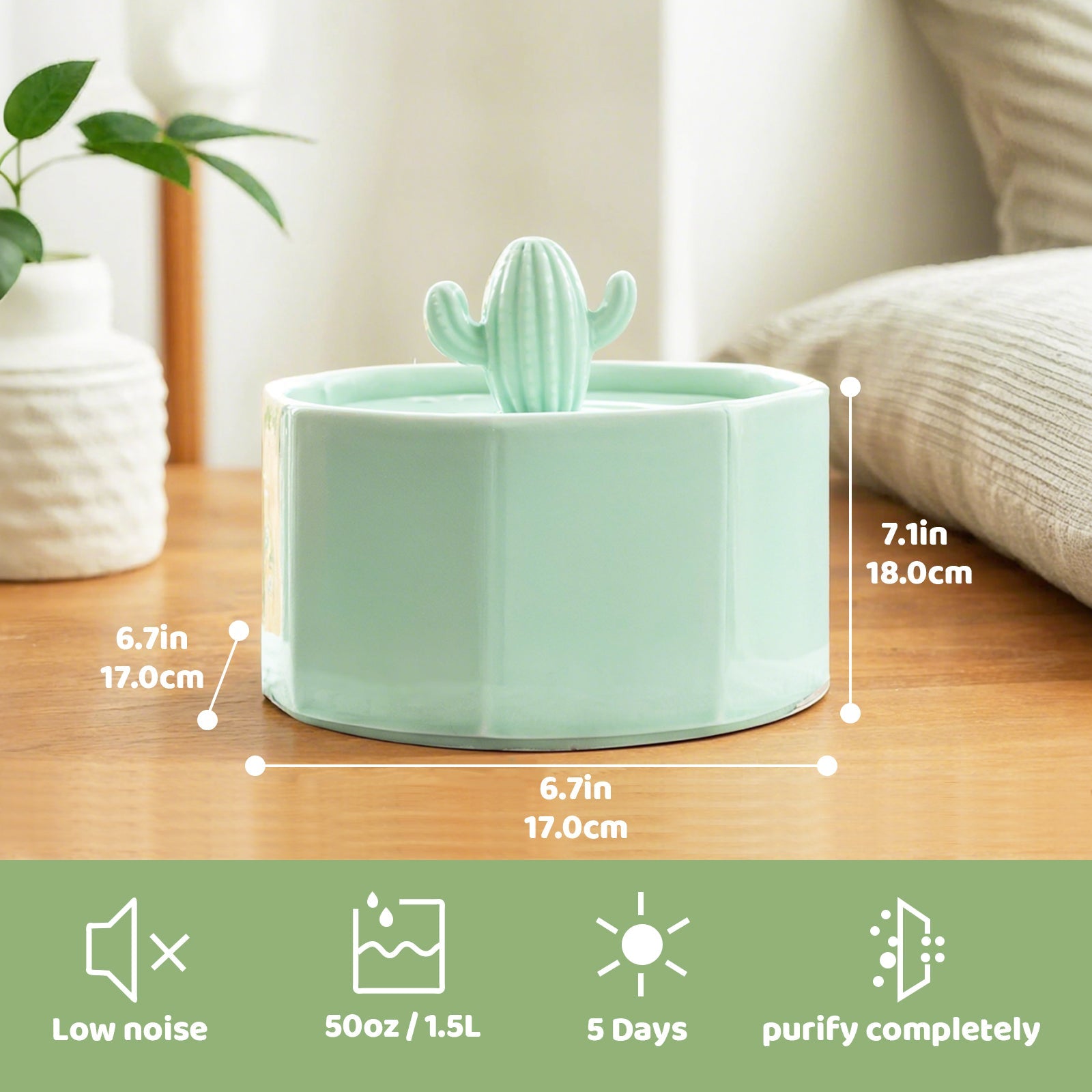 Dailypets Ceramic Cactus Cat Water Fountain 50oz with Automatic Filtration