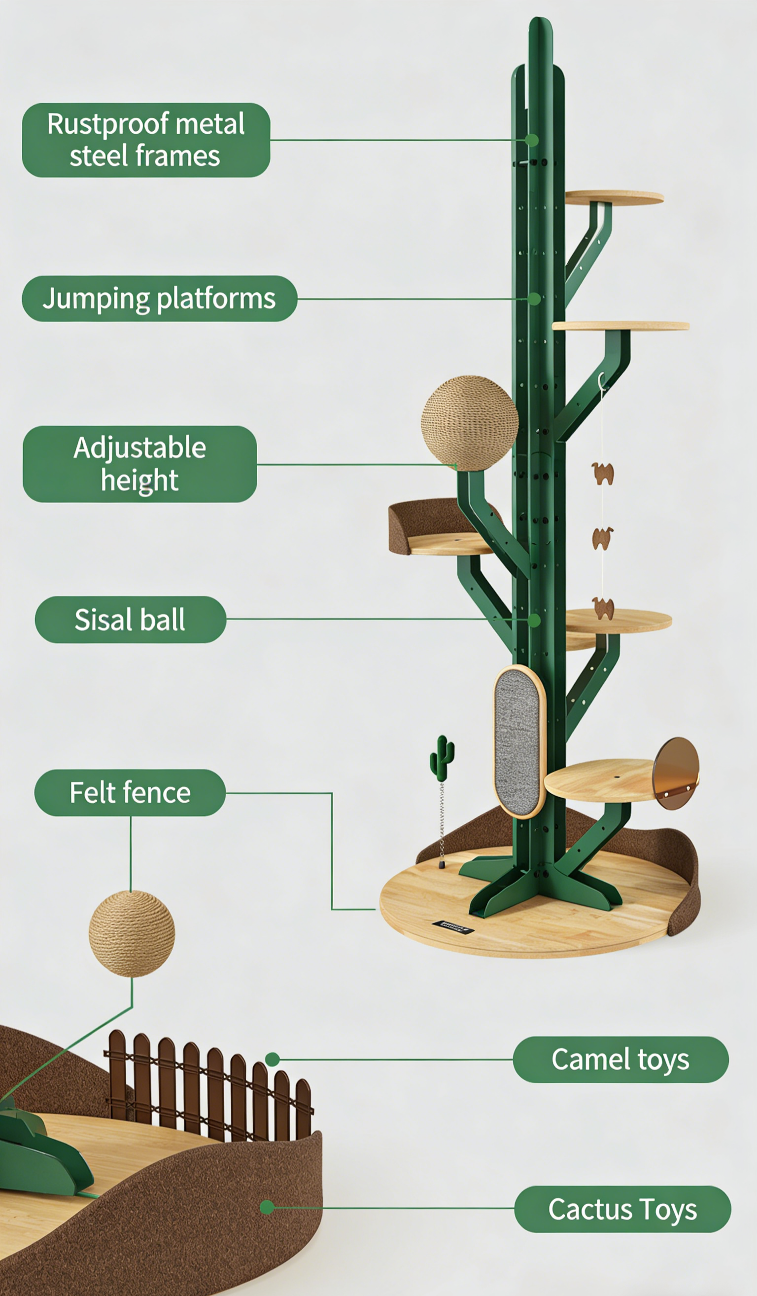 Dailypets Adjustable Floor-to-Ceiling Cat Tree with Wooden Platforms and Hanging Toys