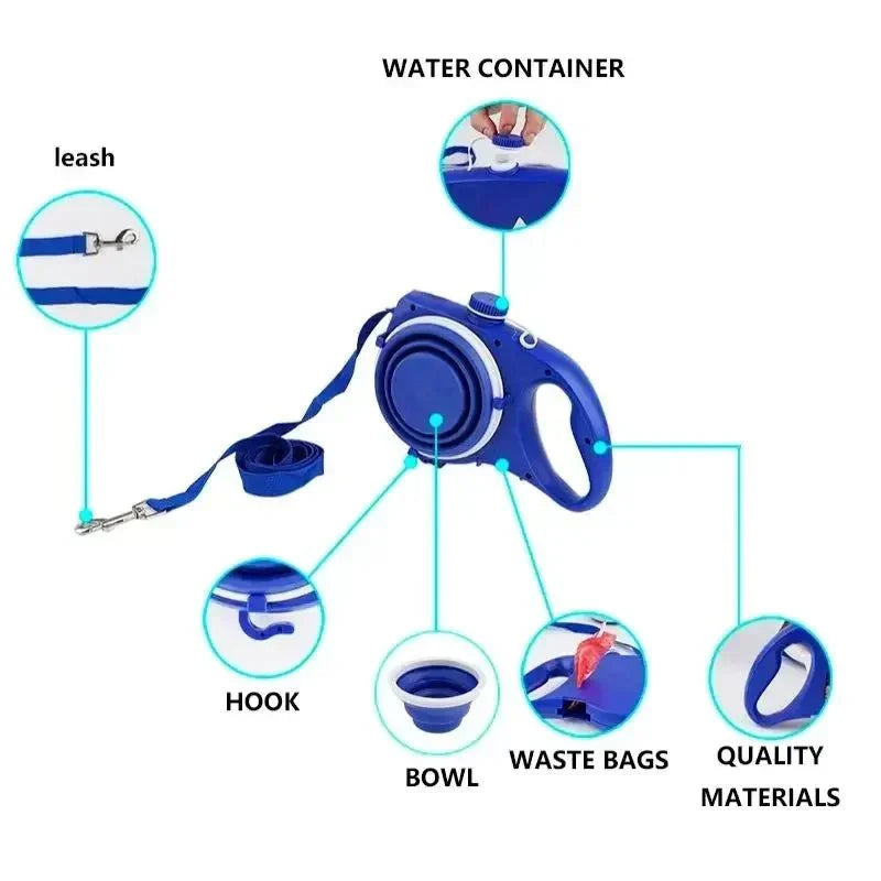 Dailypets 4-in-1 Dog Leash with Water Bottle, Bowl, and Waste Bag Dispenser