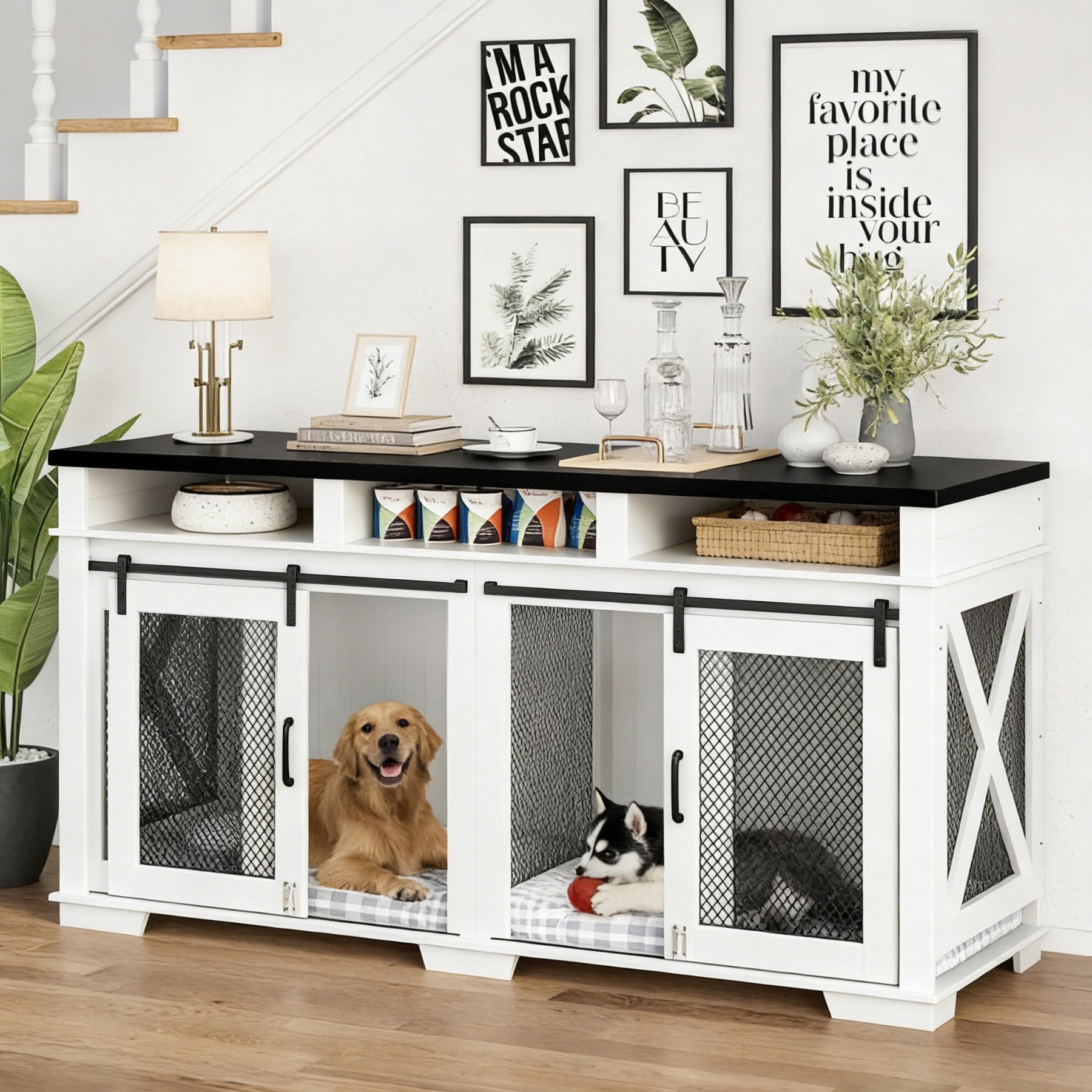 Dailypets 71-Inch Double Dog Crate Furniture with Storage Shelves and Divider