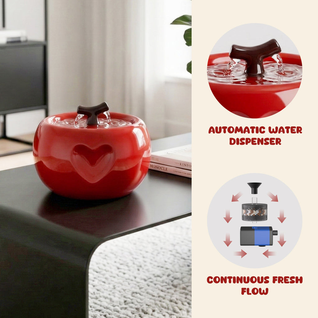 Dailypets Ceramic Apple Cat Water Fountain 50oz with Flowing Water Design