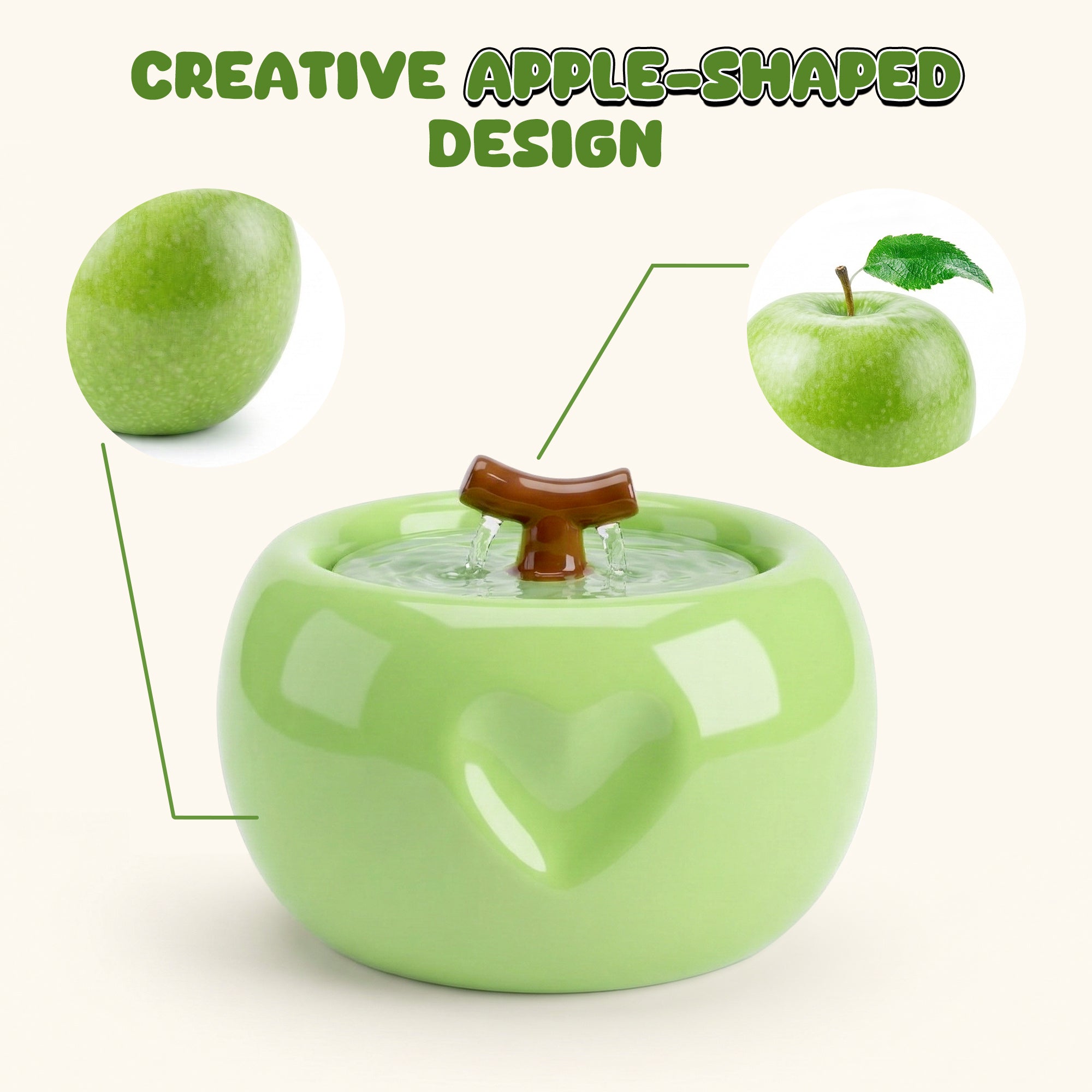 Dailypets Ceramic Apple Cat Water Fountain 50oz with Flowing Water Design