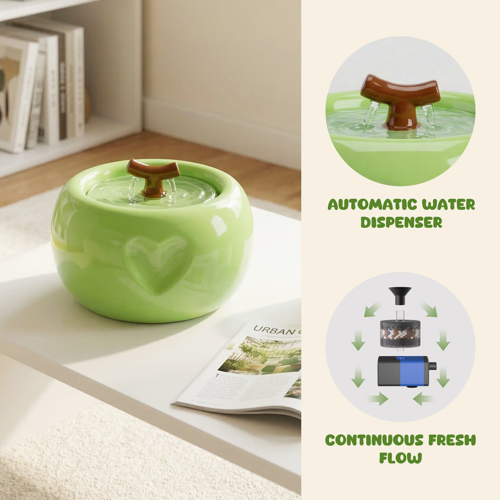 Dailypets Ceramic Apple Cat Water Fountain 50oz with Flowing Water Design