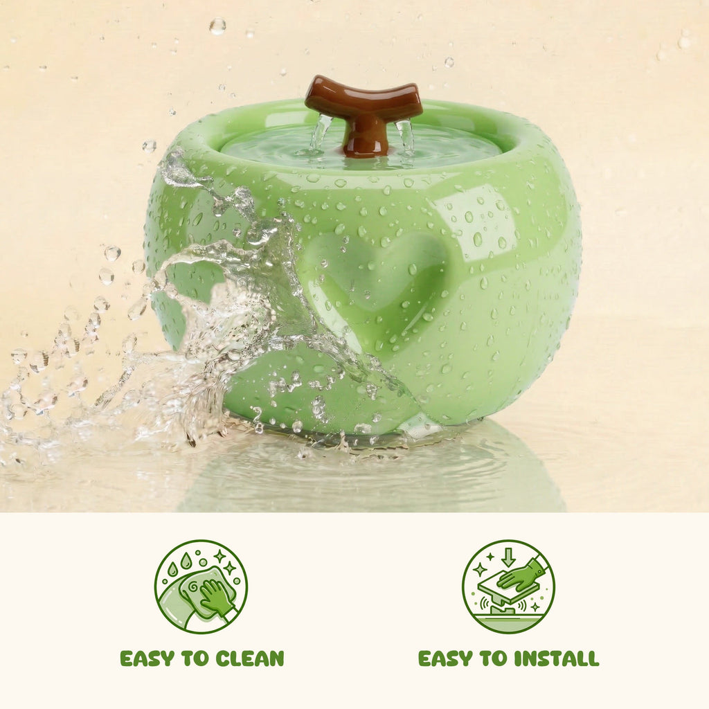 Dailypets Ceramic Apple Cat Water Fountain 50oz with Flowing Water Design