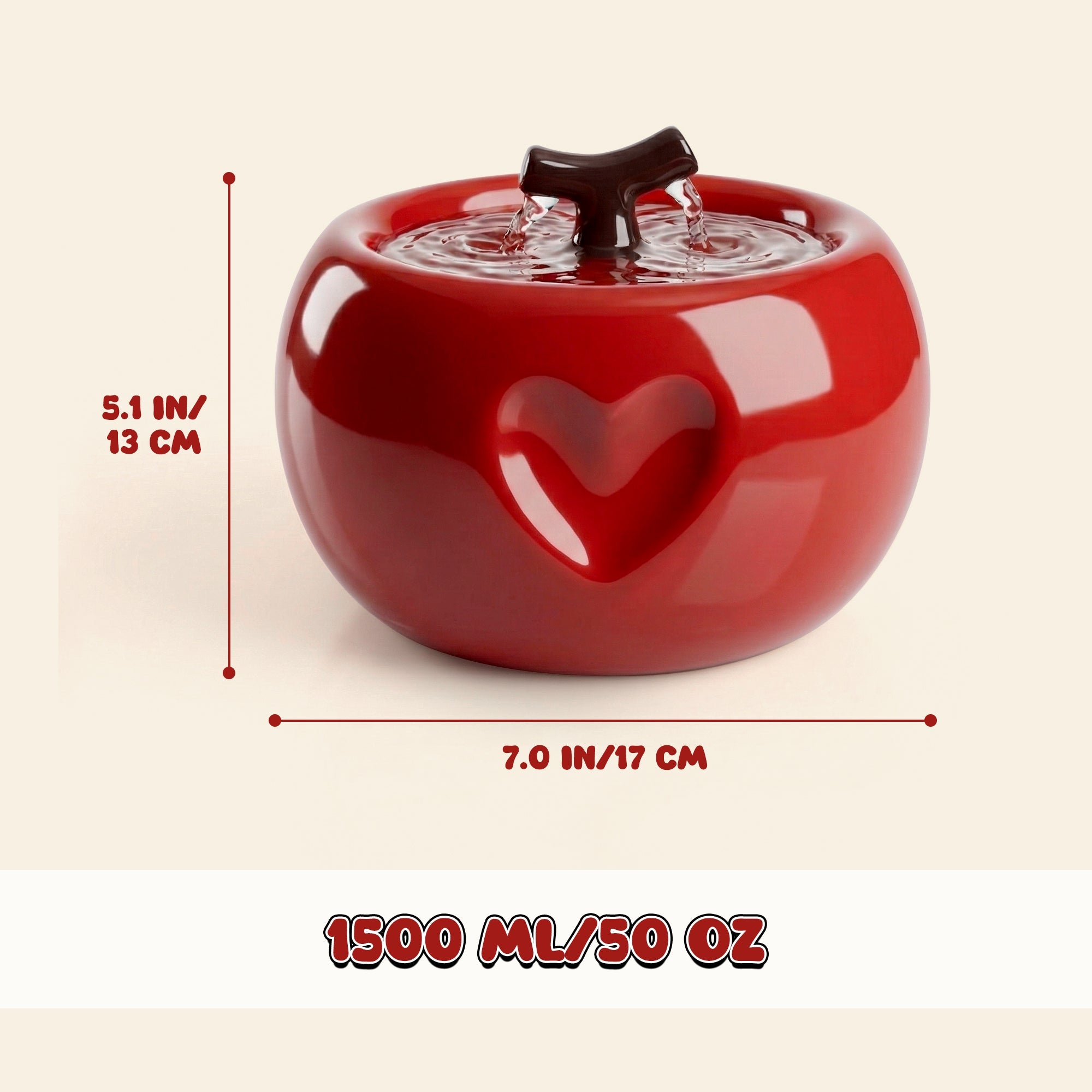 Dailypets Ceramic Apple Cat Water Fountain 50oz with Flowing Water Design