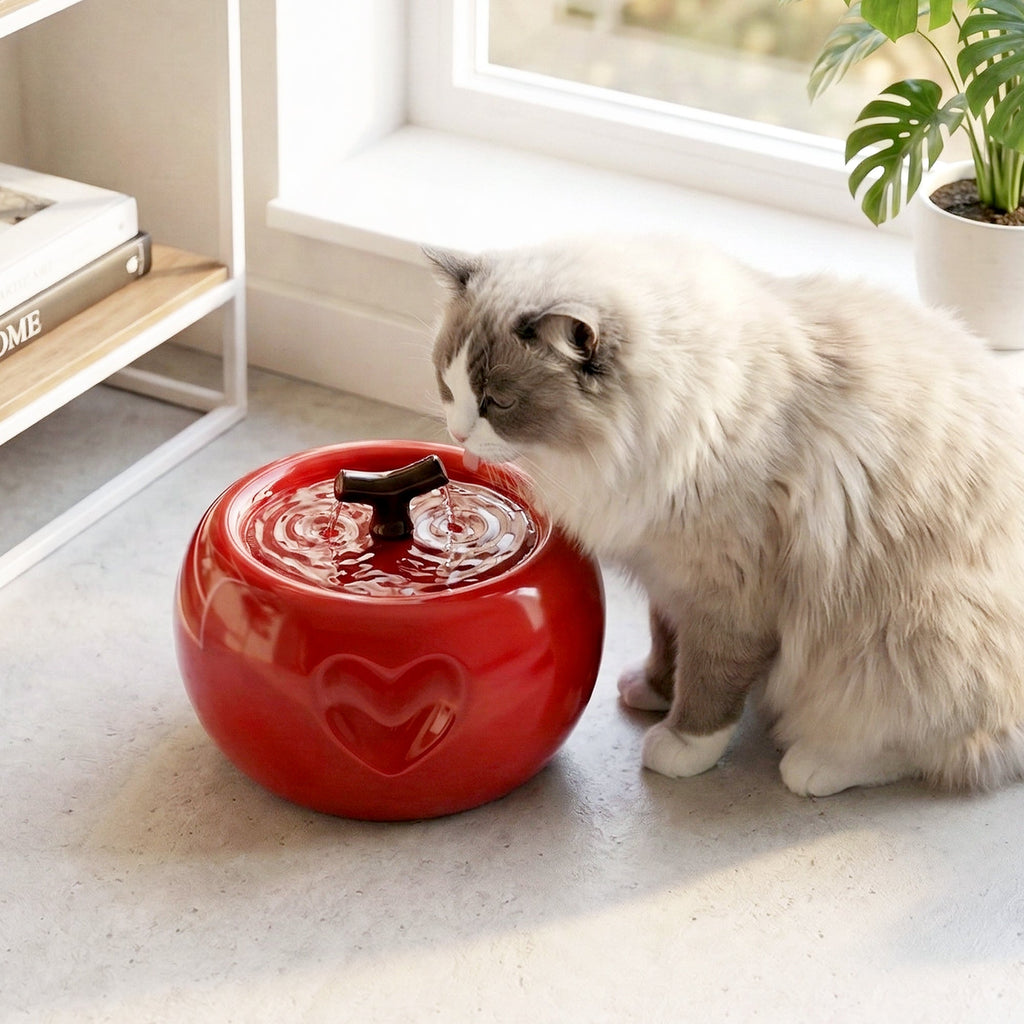 Dailypets Ceramic Apple Cat Water Fountain 50oz with Flowing Water Design