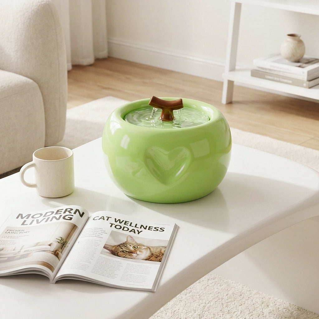 Dailypets Ceramic Apple Cat Water Fountain 50oz with Flowing Water Design