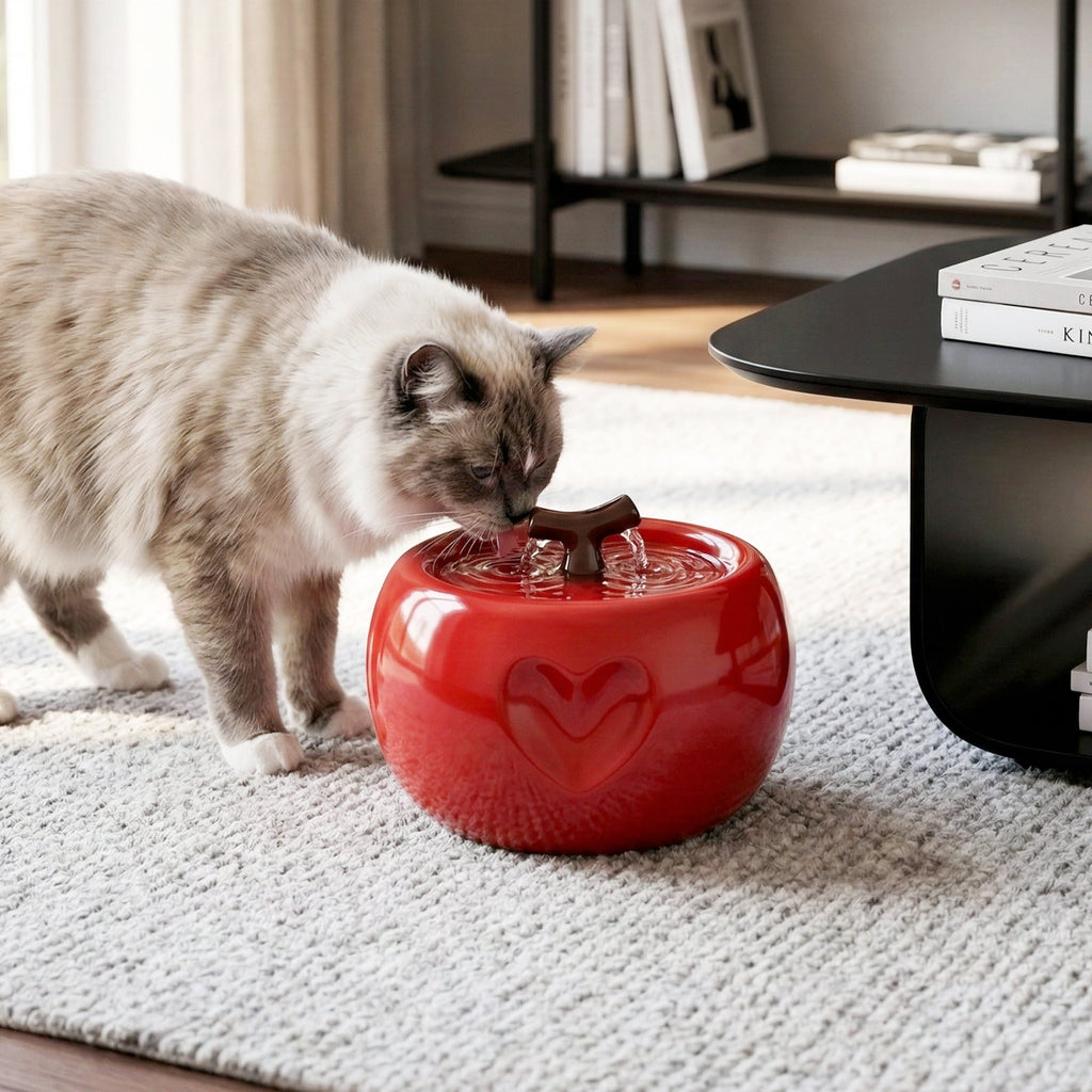 Dailypets Ceramic Apple Cat Water Fountain 50oz with Flowing Water Design