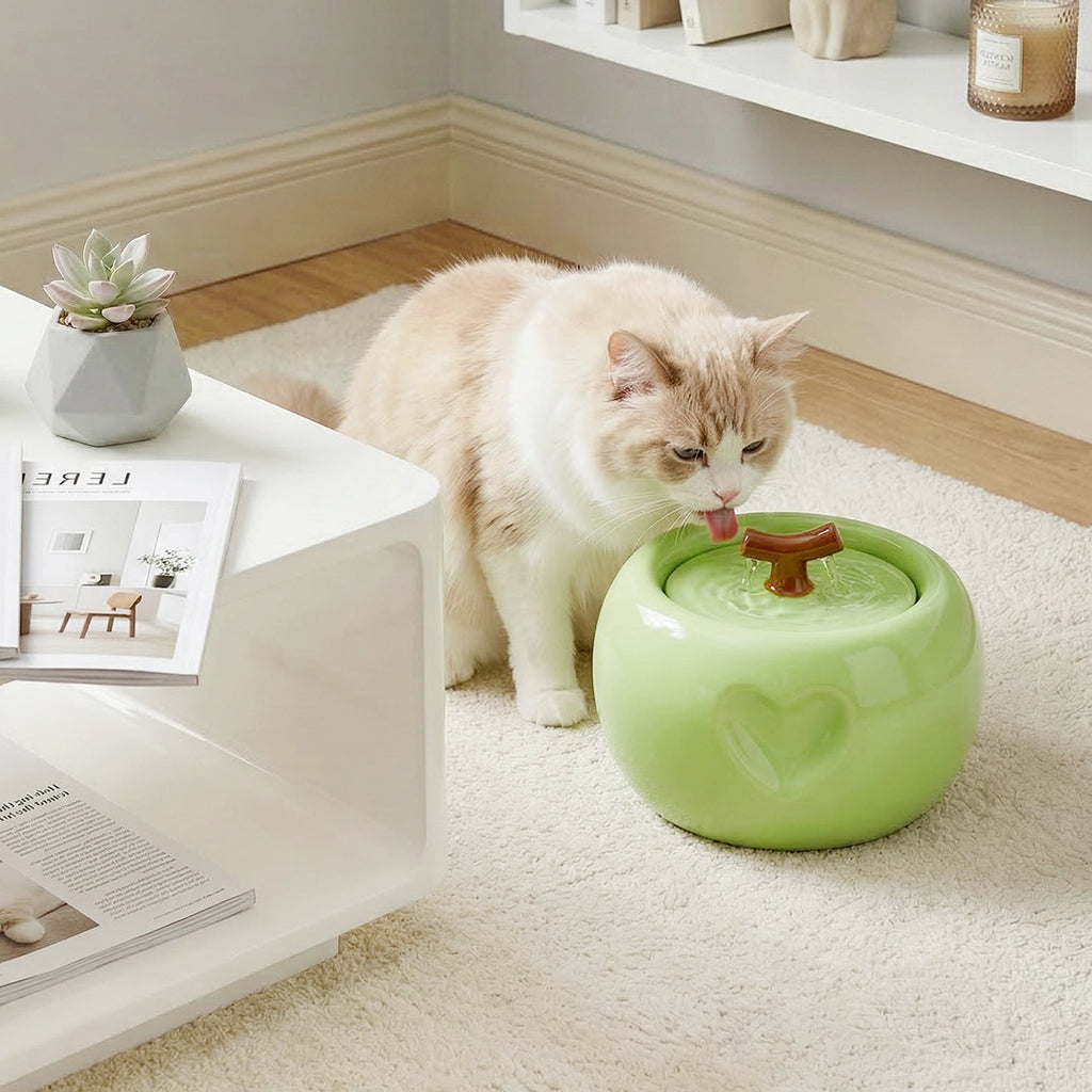 Dailypets Ceramic Apple Cat Water Fountain 50oz with Flowing Water Design