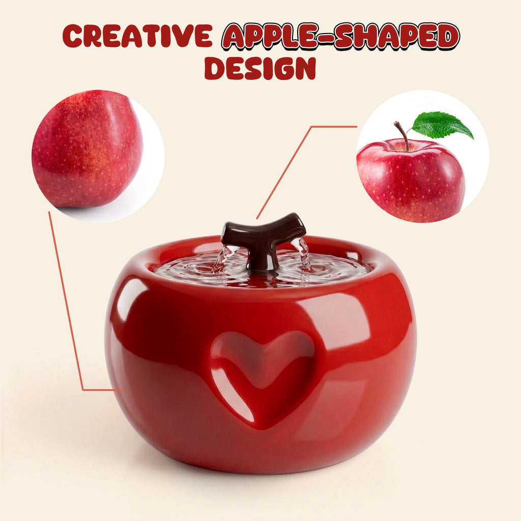 Dailypets Ceramic Apple Cat Water Fountain 50oz with Flowing Water Design