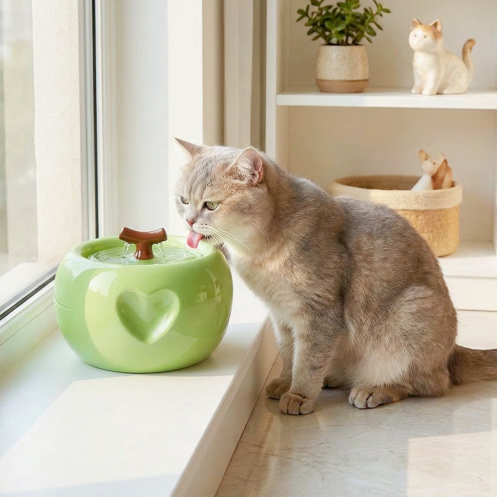 Dailypets Ceramic Apple Cat Water Fountain 50oz with Flowing Water Design