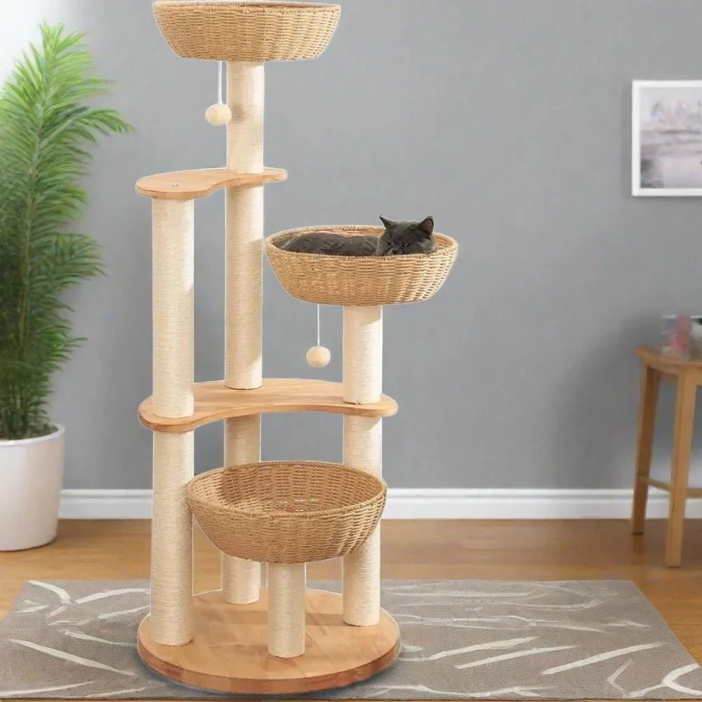 Dailypets 54-Inch Cat Tower – Multi-Level Wooden Cat Tree with 3 Big Basket Beds