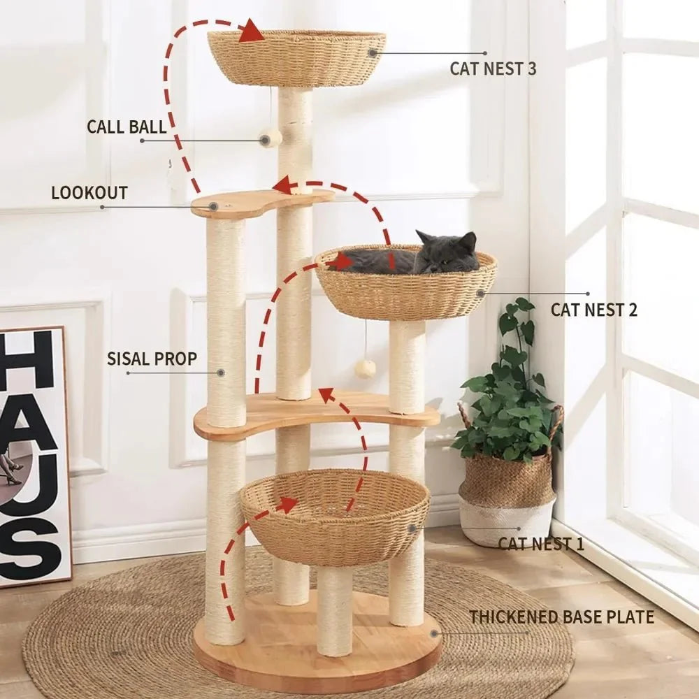Dailypets 54-Inch Cat Tower – Multi-Level Wooden Cat Tree with 3 Big Basket Beds