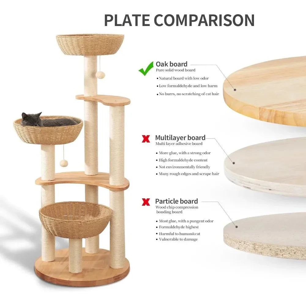 Dailypets 54-Inch Cat Tower – Multi-Level Wooden Cat Tree with 3 Big Basket Beds