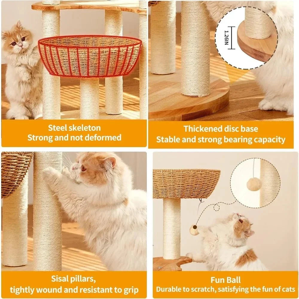 Dailypets 54-Inch Cat Tower – Multi-Level Wooden Cat Tree with 3 Big Basket Beds