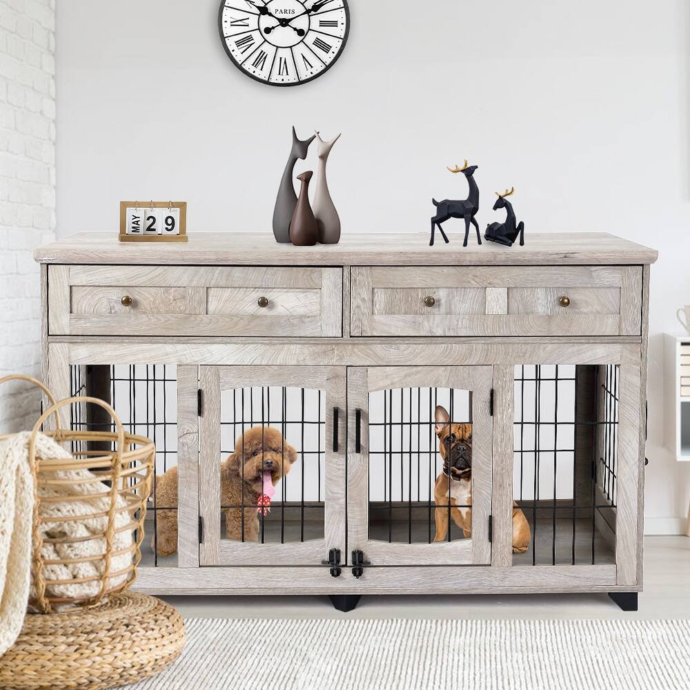 Dailypets Wooden Double Dog Crate Furniture with 2 Storage Drawers