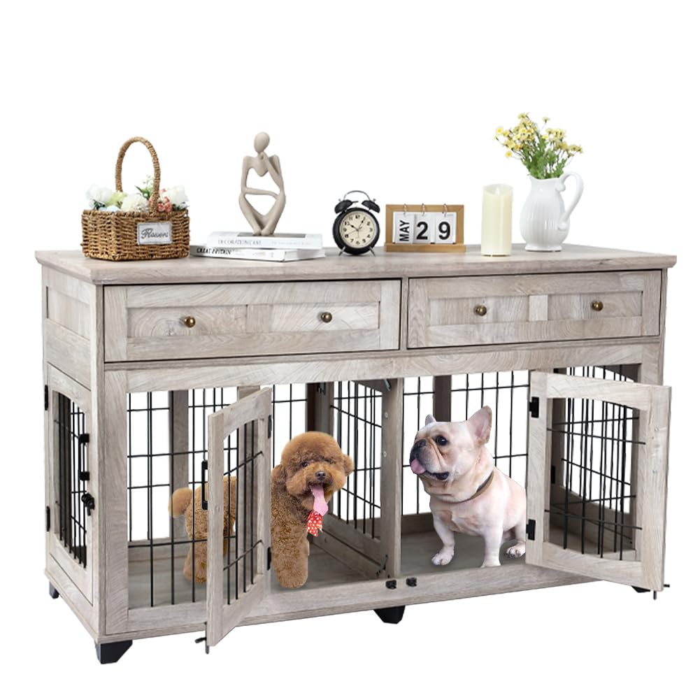 Dailypets Wooden Double Dog Crate Furniture with 2 Storage Drawers