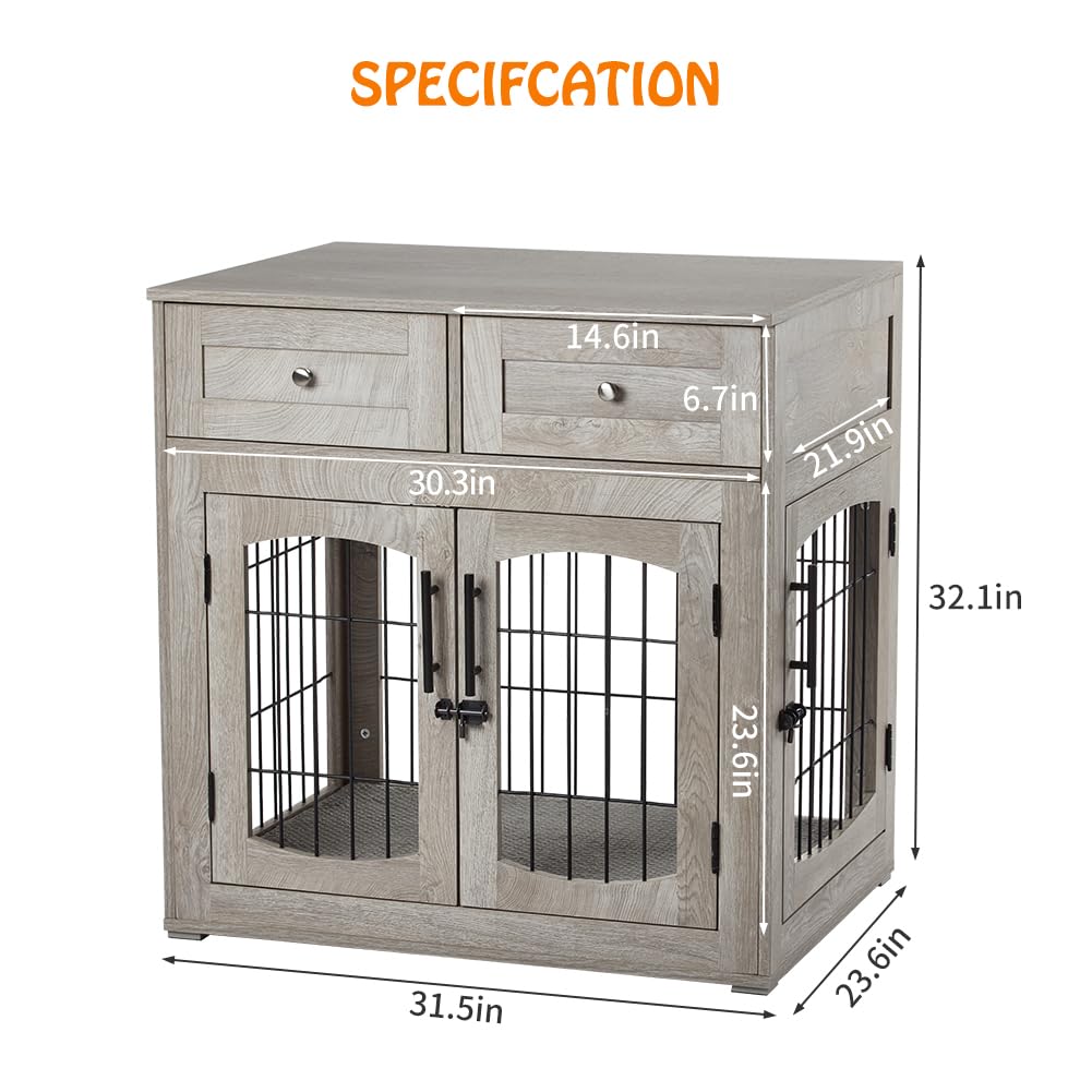 Dailypets Dog Crate End Table with Cushion, 3 Doors and 2 Drawers