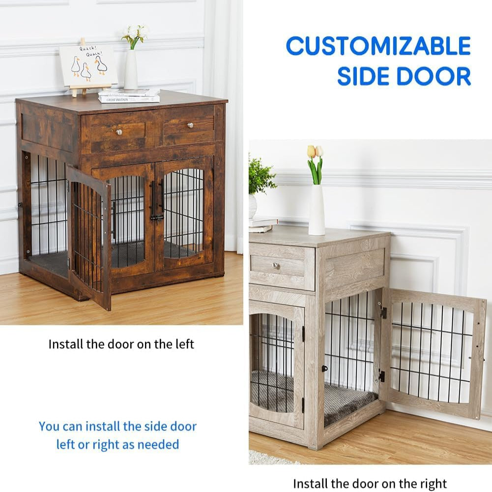Dailypets Wooden Dog Crate End Table with 3 Doors, Storage Drawers & Cushion