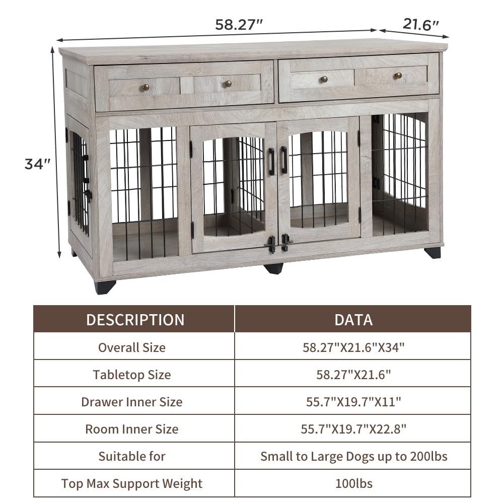 Dailypets Wooden Double Dog Crate Furniture with 2 Storage Drawers