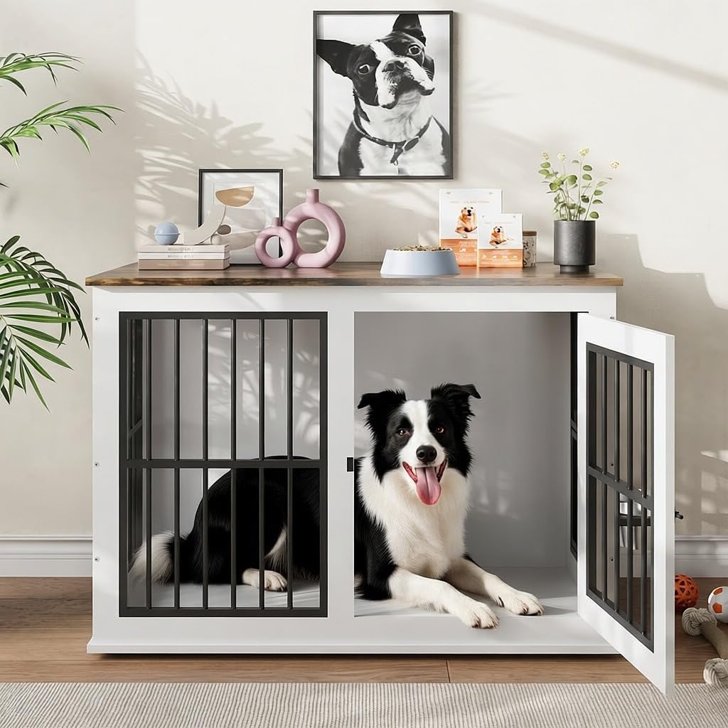 Dailypets Wooden Indoor Dog Kennel with Lift-Top Compartment and Feeding Station