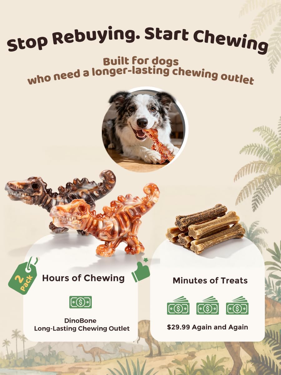 Dailypets Dinosaur Dog Chew Toy Set with Bacon Flavor for Strong Chewers 2 Pack