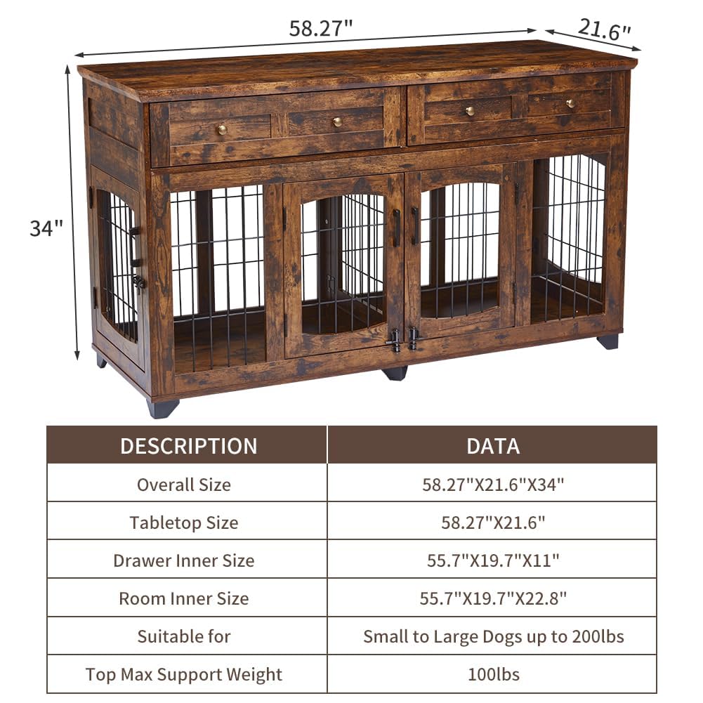 Dailypets 58-Inch Double Dog Crate Furniture with 5 Doors and Storage Drawers