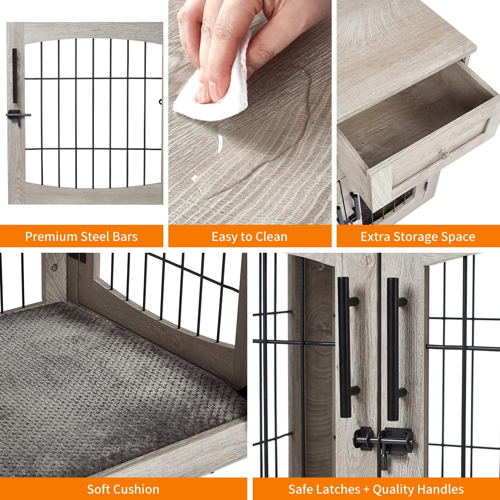 Dailypets Dog Crate End Table with Cushion, 3 Doors and 2 Drawers