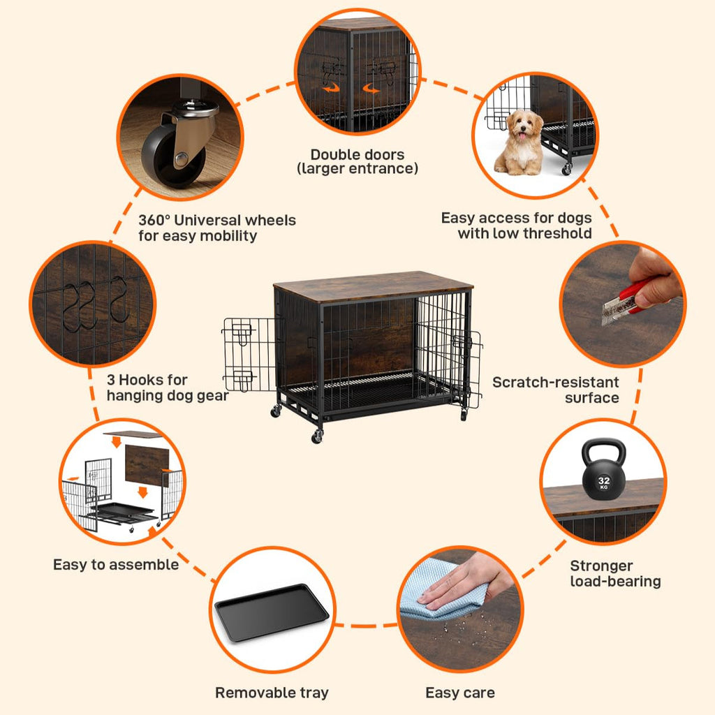 Dailypets 38.6-Inch Wooden Dog Crate End Table with Pull-Out Tray