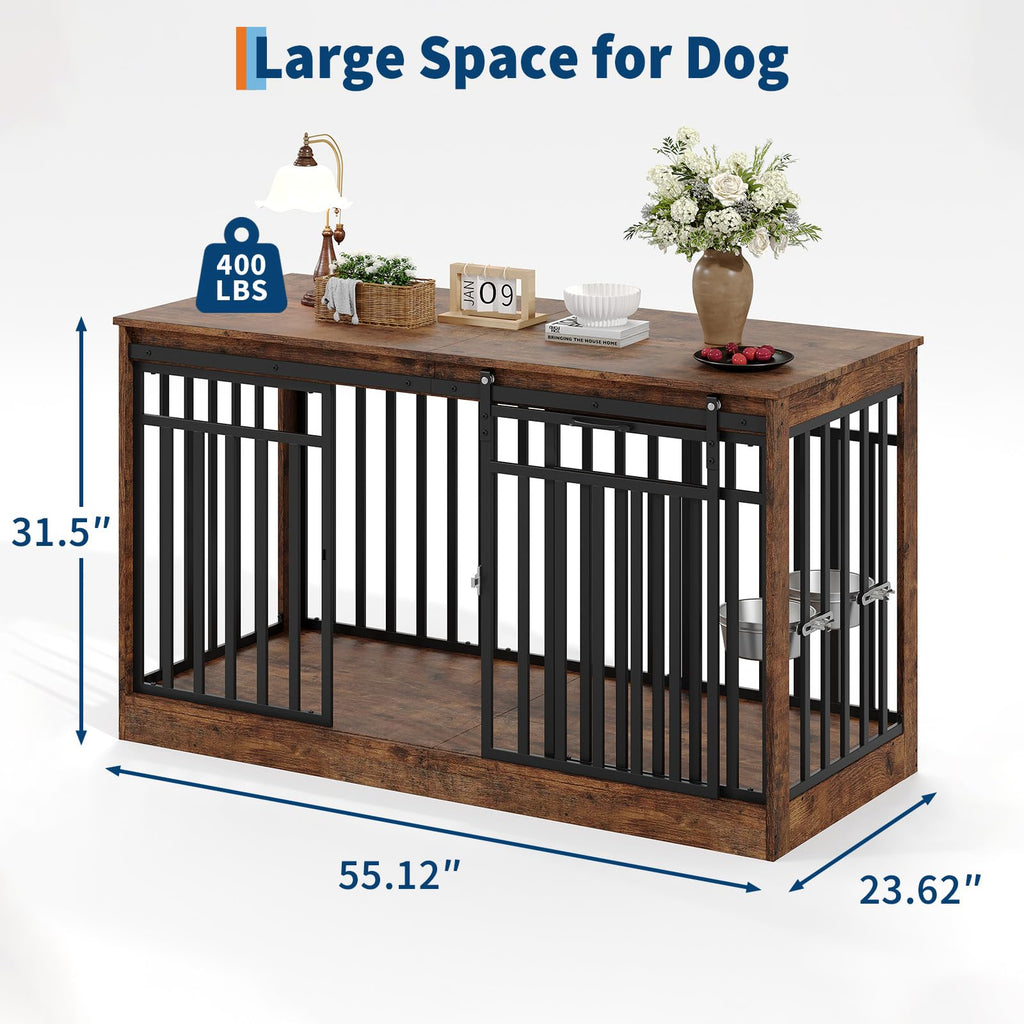 Dailypets 55-Inch Dog Crate Furniture with Sliding Doors and Feeding Bowls