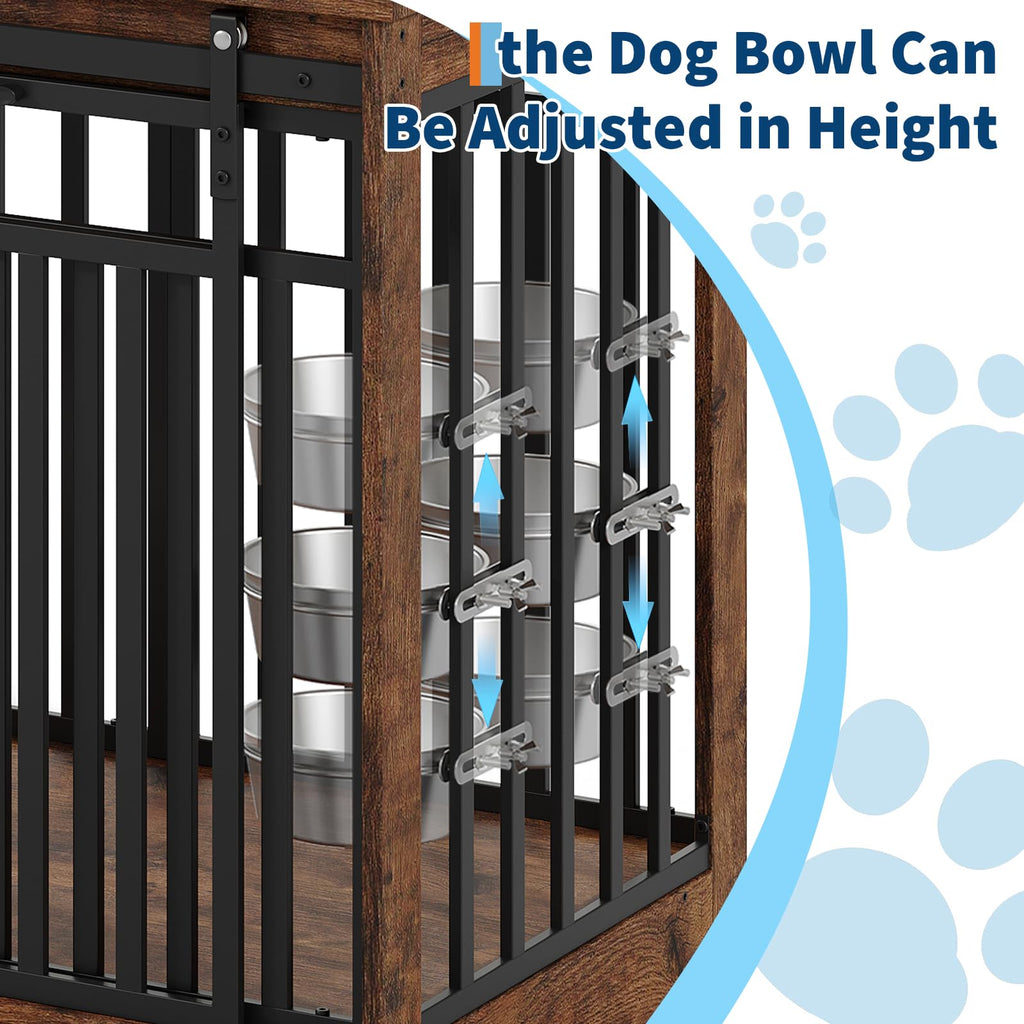 Dailypets 55-Inch Dog Crate Furniture with Sliding Doors and Feeding Bowls