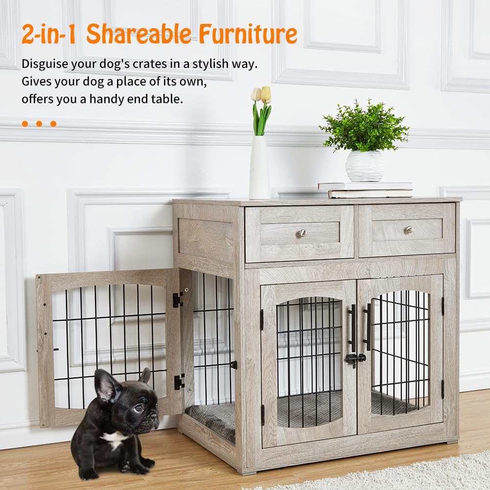 Dailypets Dog Crate End Table with Cushion, 3 Doors and 2 Drawers