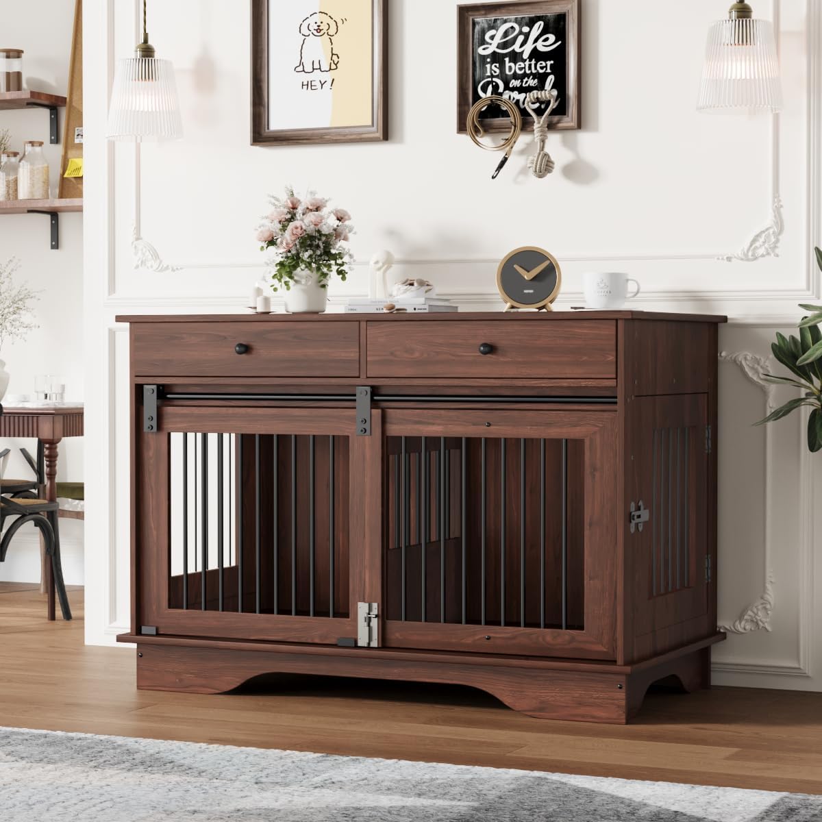Dailypets 47-Inch Dog Crate Furniture with Storage Drawers and Triple Doors