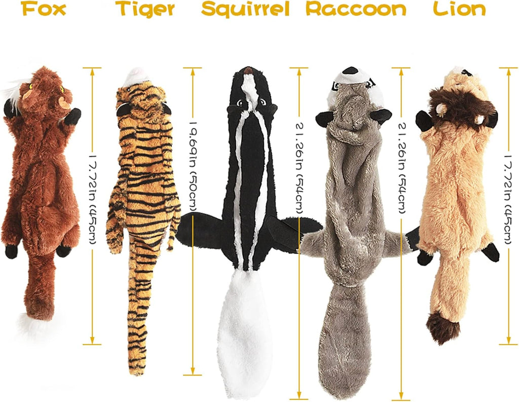 Dailypets 5 Piece Stuffless Plush Dog Toy Set with Dual Squeakers for Interactive Play
