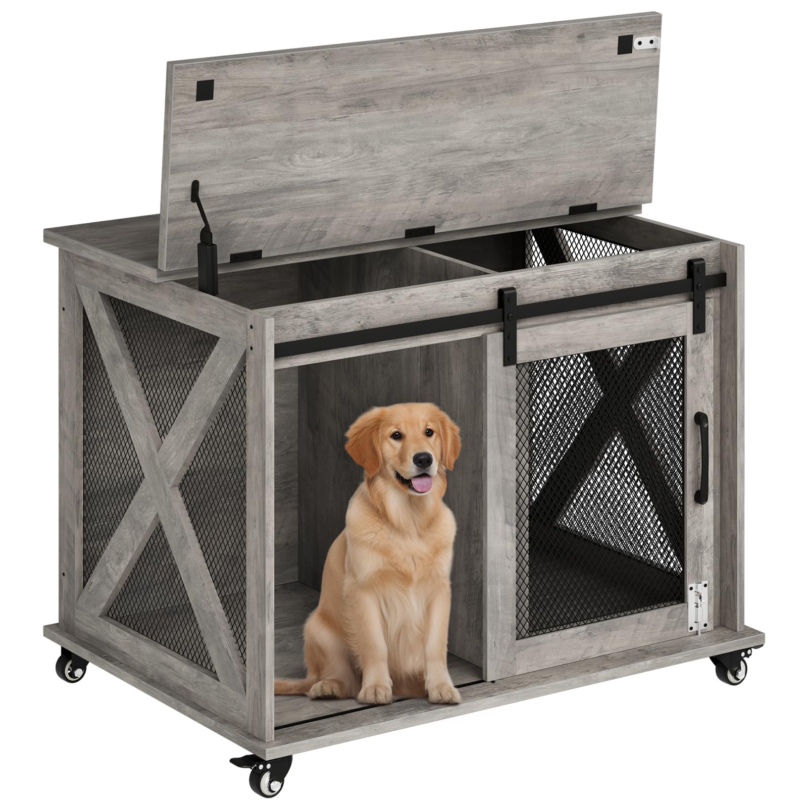Dailypets Furniture Style Dog Crate End Table with Sliding Barn Door & Flip-Top Access