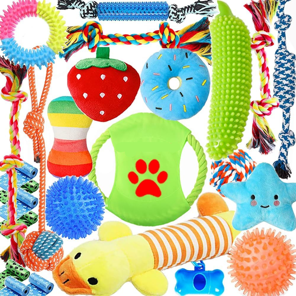 Dailypets Complete Puppy Toy Bundle with Rope Toys Squeaky Plush Toys and Ball Set